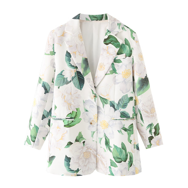 Collar print loose suit jacket for women