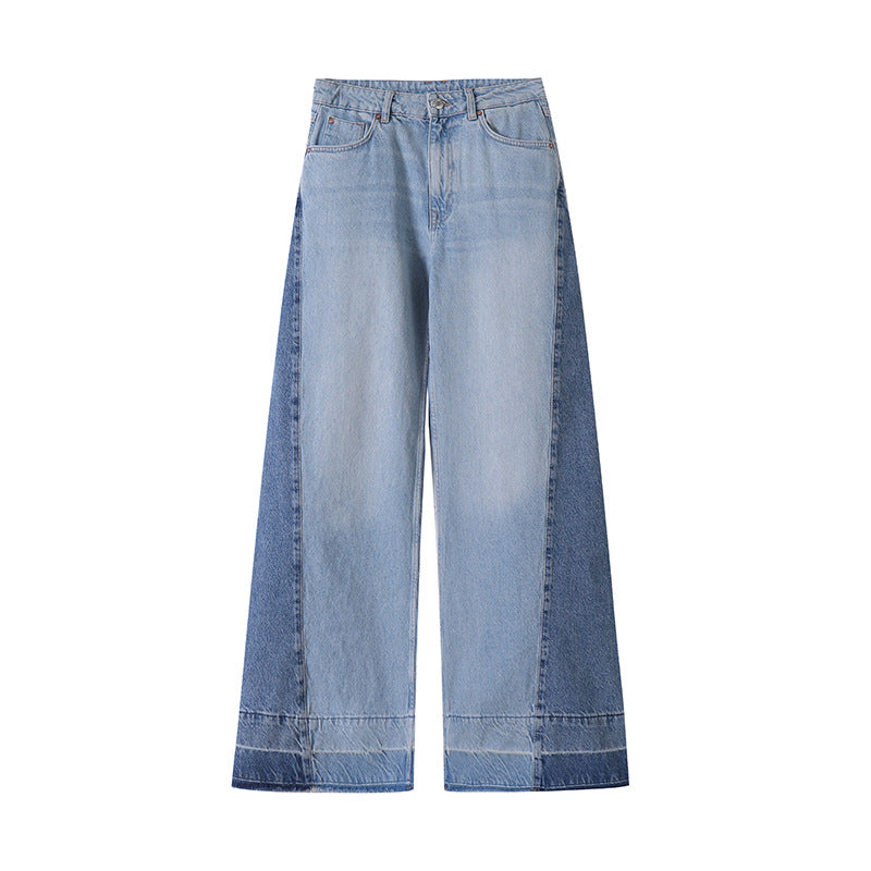 Color blocking design loose casual wide leg jeans for women