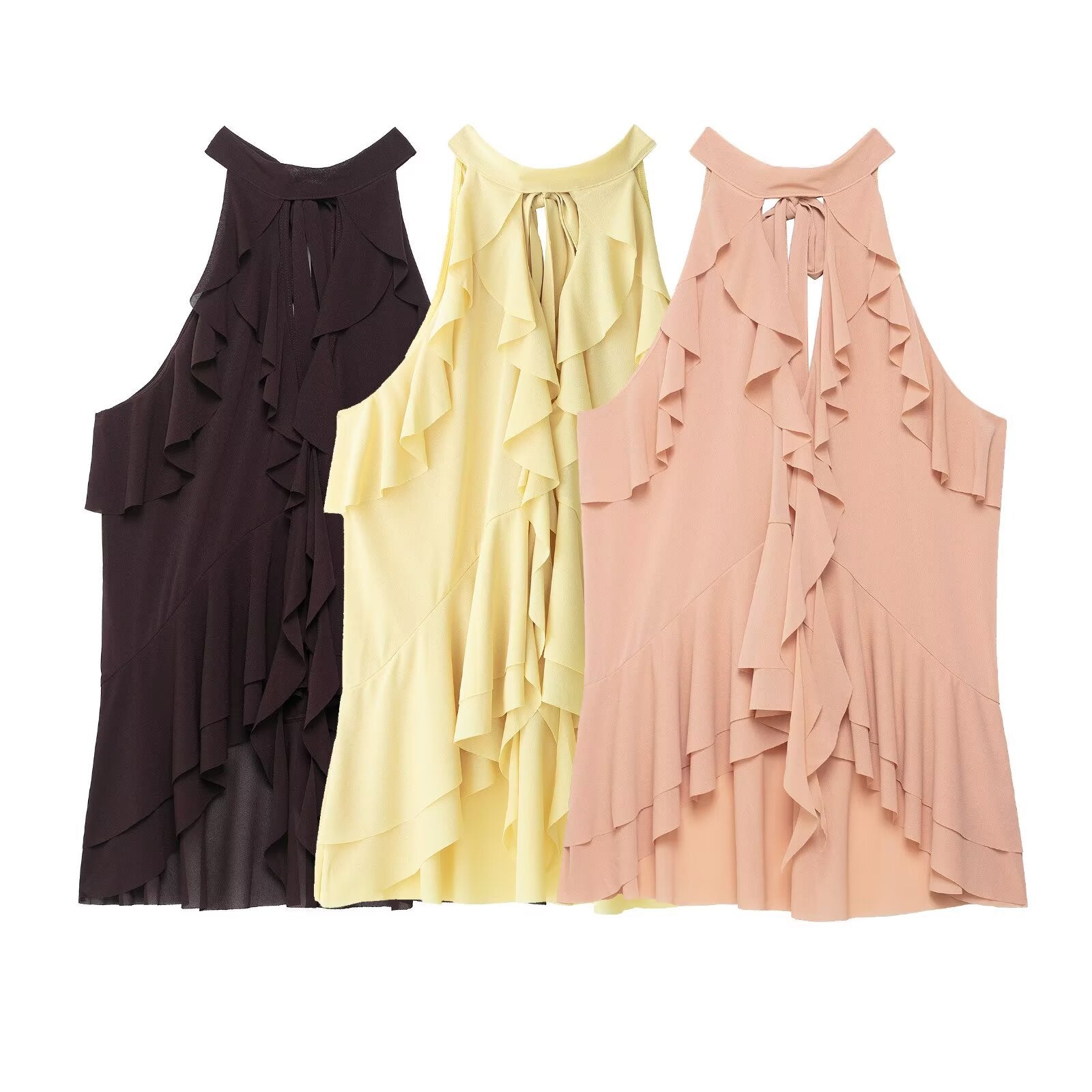 Stacked Decoration Sleeveless Hanging Neck T-shirt Top for Women