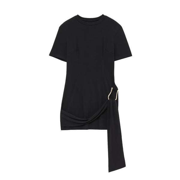 Round neck metal buckle decorative half sleeved dress for women