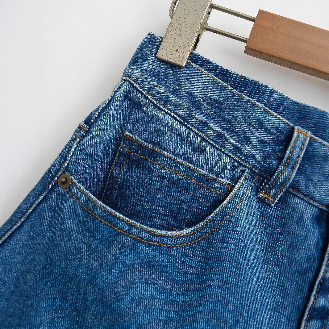 Hairy edge A-line denim skirt half skirt for women