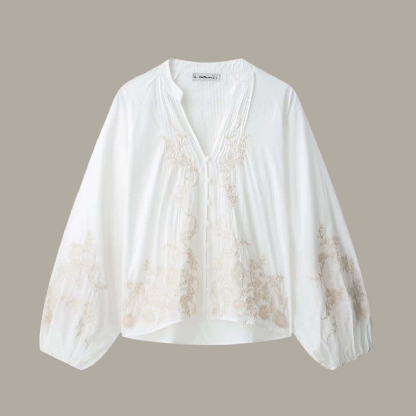 Women's European and American style V-neck long sleeved embroidered floral pleated shirt top