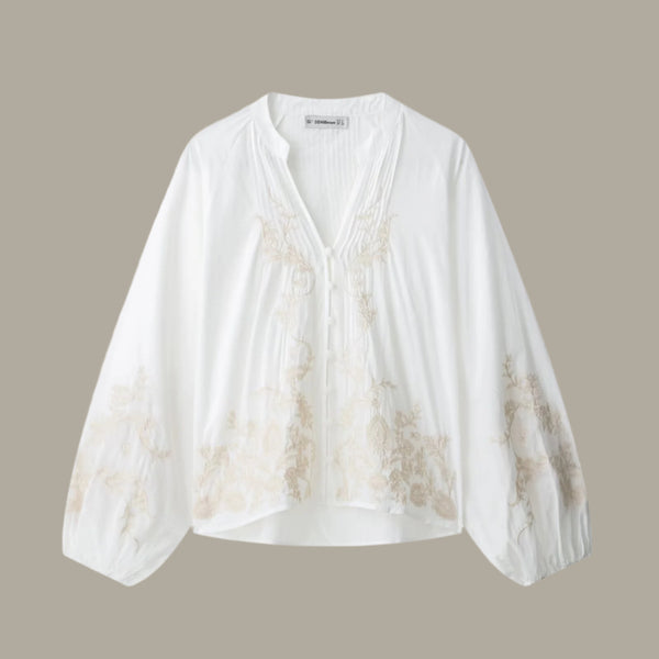 Women's European and American style V-neck long sleeved embroidered floral pleated shirt top