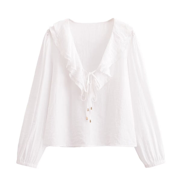 V-neck ruffle edge pendant shirt top for women