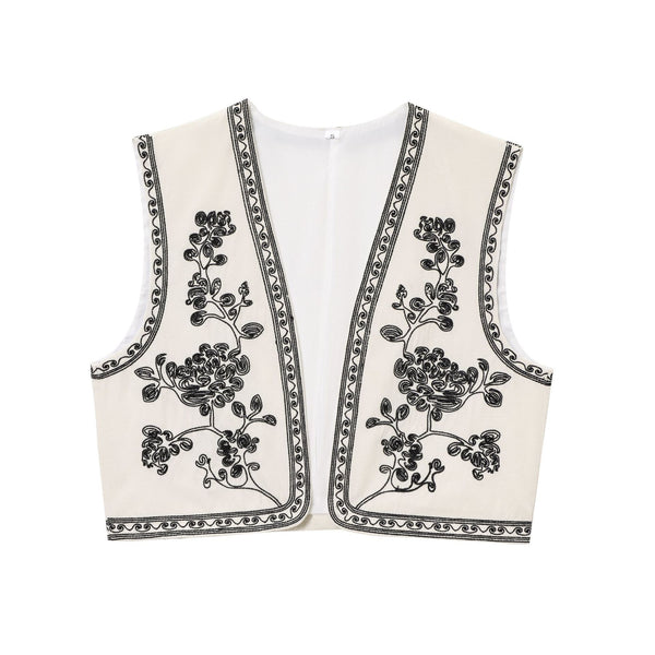 V-neck contrasting embroidered vest jacket for women
