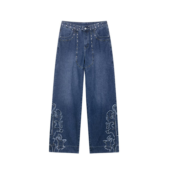 Women's European and American style studded embroidered straight leg jeans