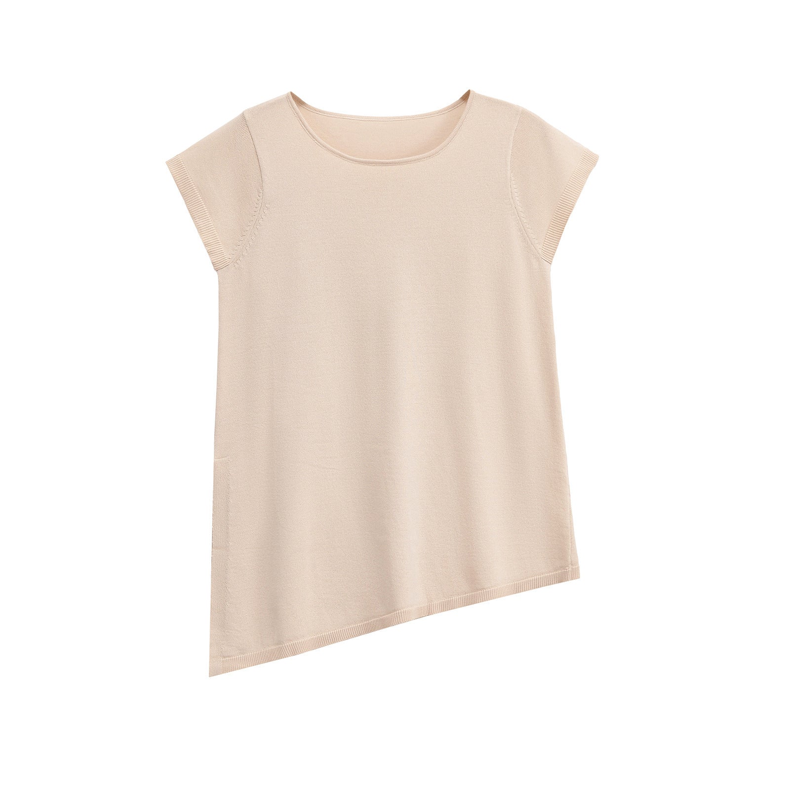 Round neck short sleeved asymmetrical hem knitted T-shirt top for women