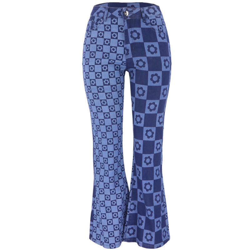 Spring new European and American fashion women's printed yin-yang two-color washed slim fit denim wide leg pants