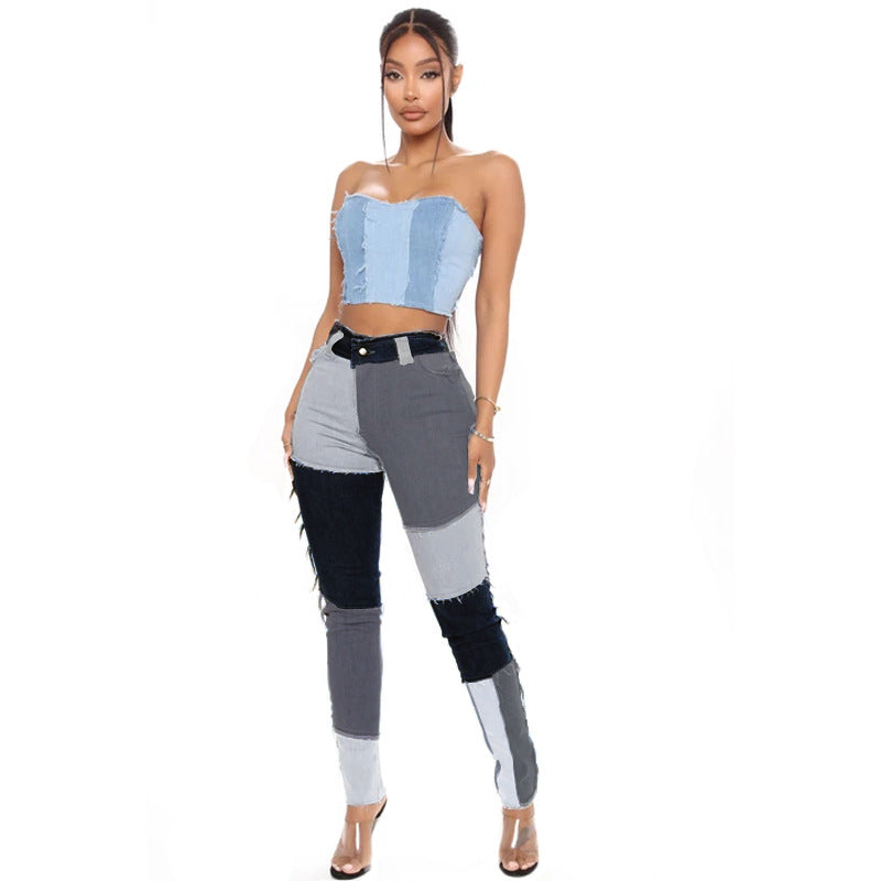 Autumn new super elastic high waisted tassel pencil slim fit women's denim pants
