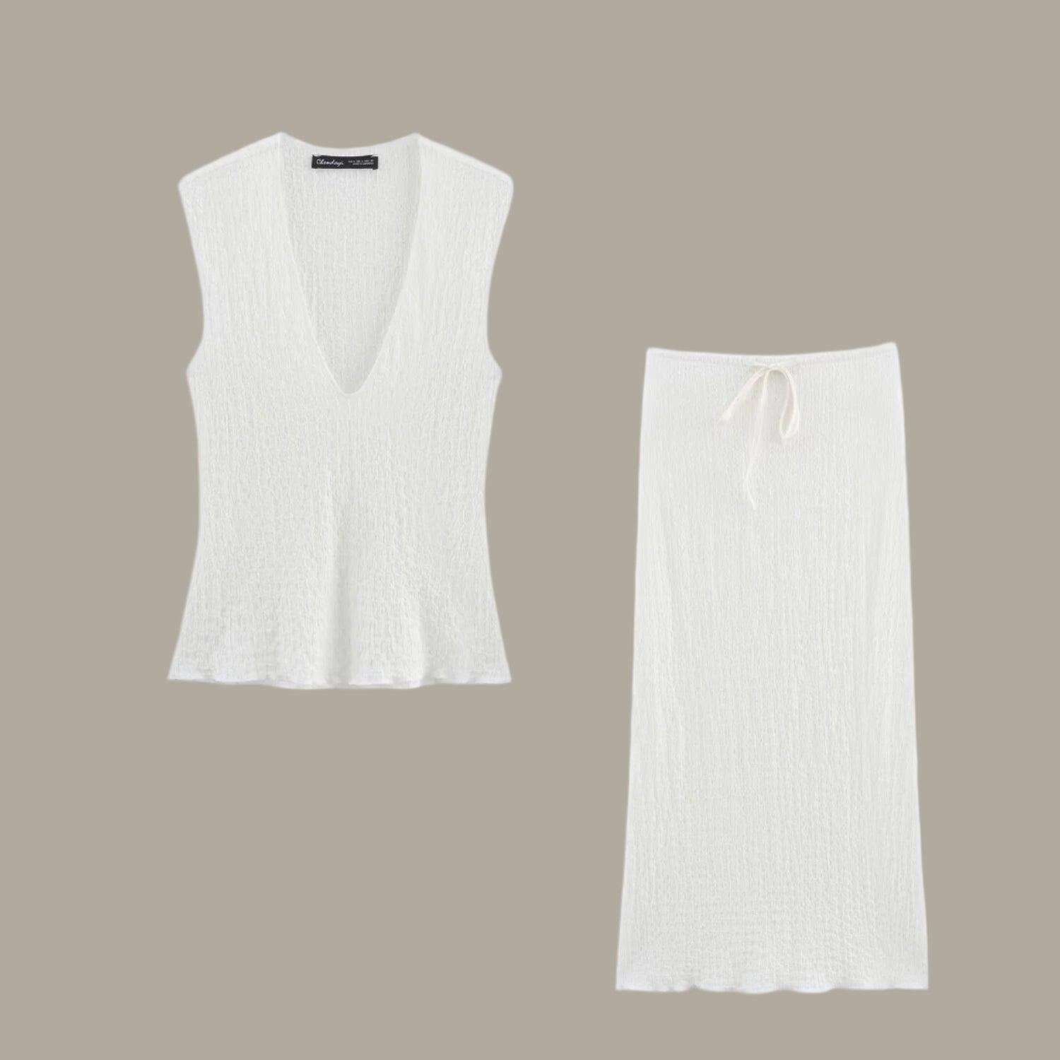 V-neck textured top+long skirt set for women