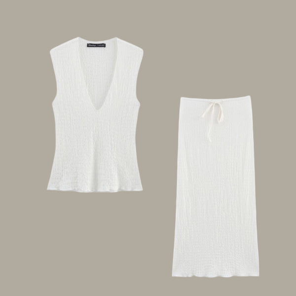 V-neck textured top+long skirt set for women