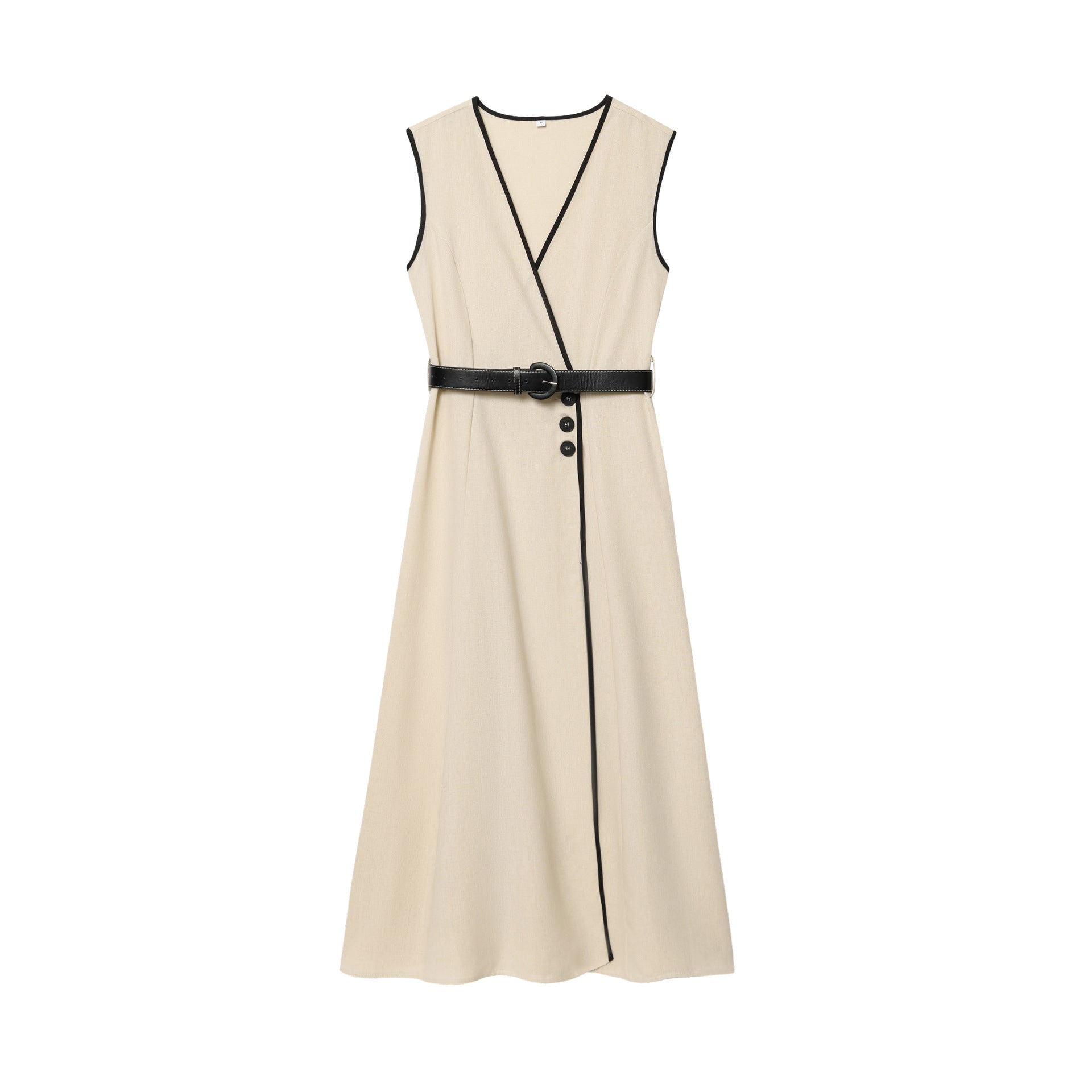 V-neck sleeveless contrasting color belt vest style dress for women