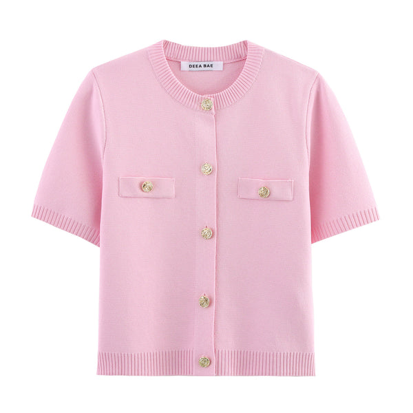 Round neck short sleeved button up knitted sweater top for women