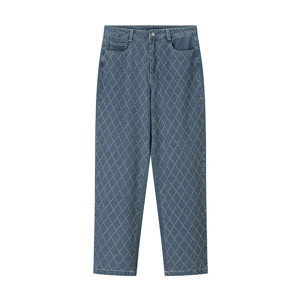 Diamond grid straight leg split jeans for women