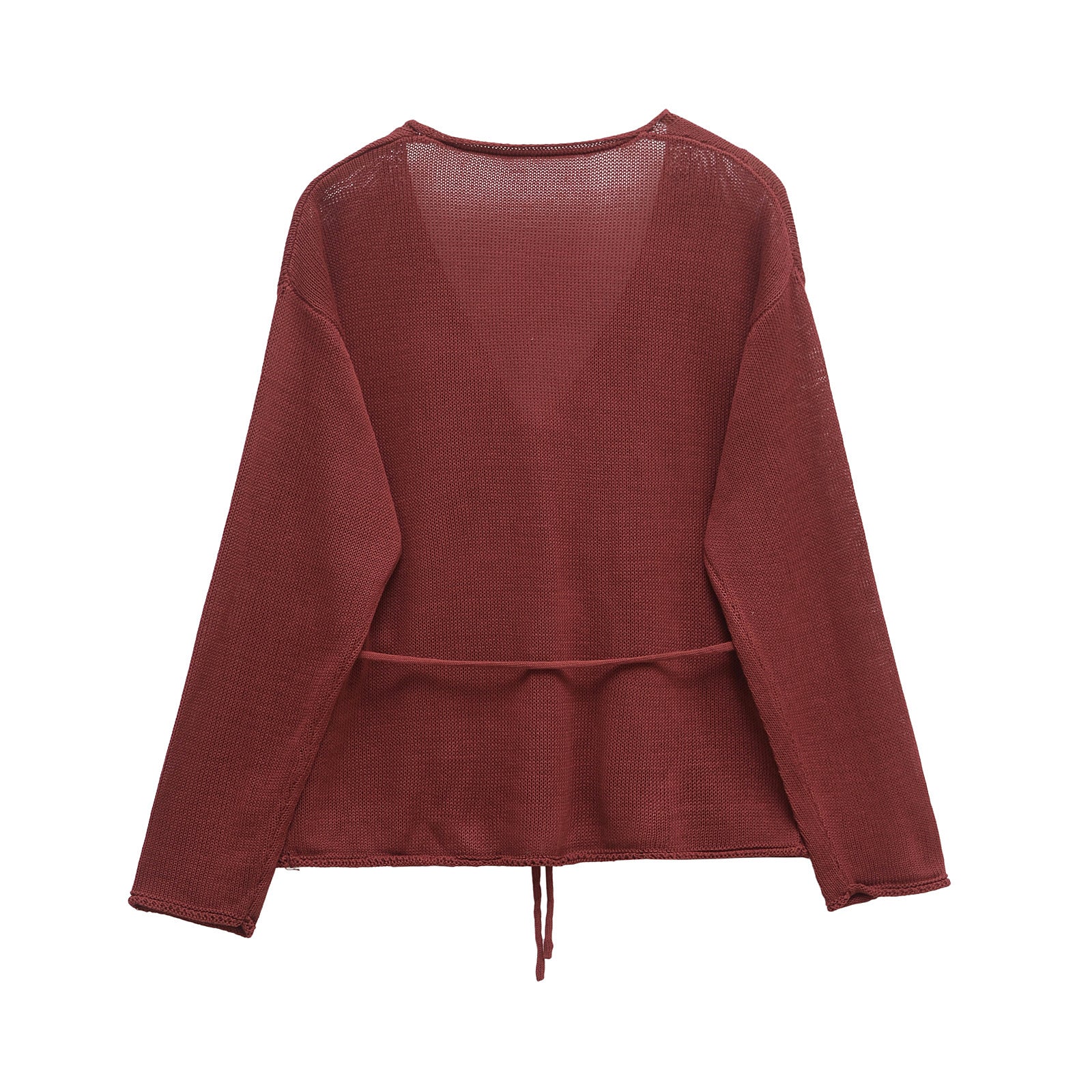 V-neck single breasted waistband tied knit jacket for women