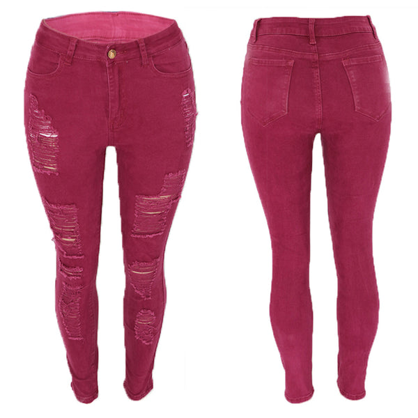 European and American knee ripped jeans, women's slim fit multi colored small leg pants, European station pants, women's pants, large size
