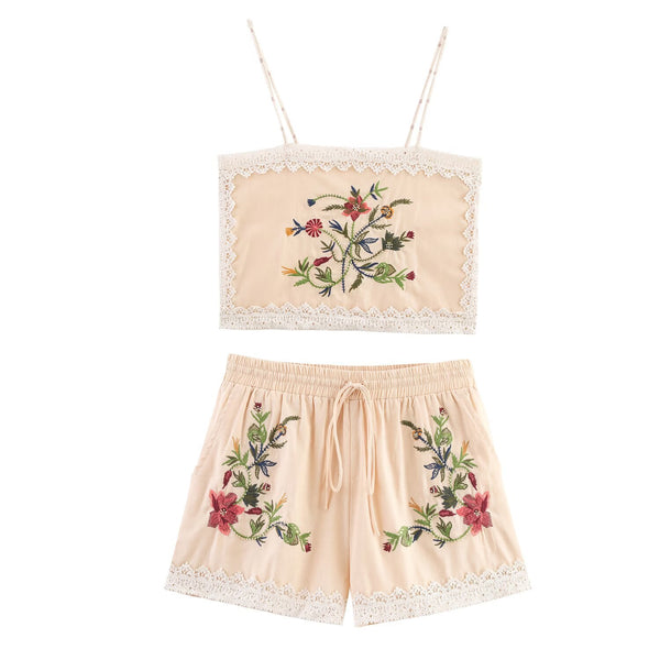 Women's European and American style lace embroidered suspender+embroidered shorts set