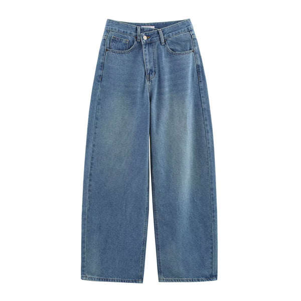 Simple double breasted mid waist loose jeans for women