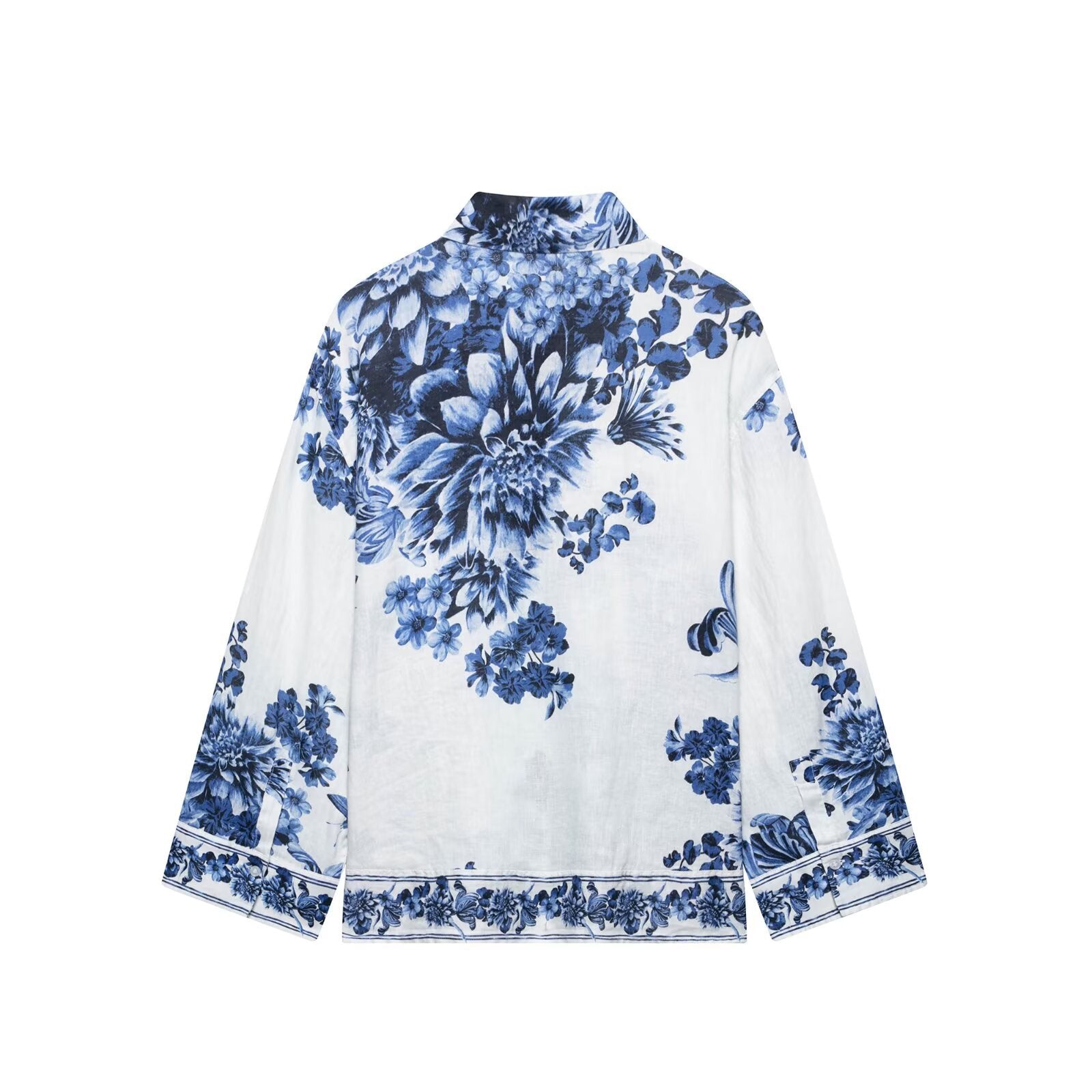 Women's collar long sleeved printed loose shirt top