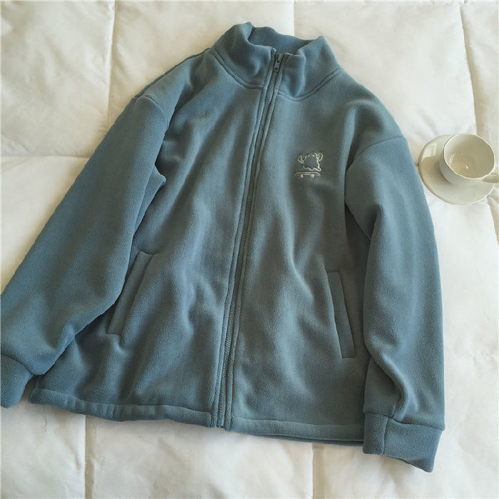 Double sided fleece jacket for women autumn and winter semi high neck zipper cardigan hoodie for women