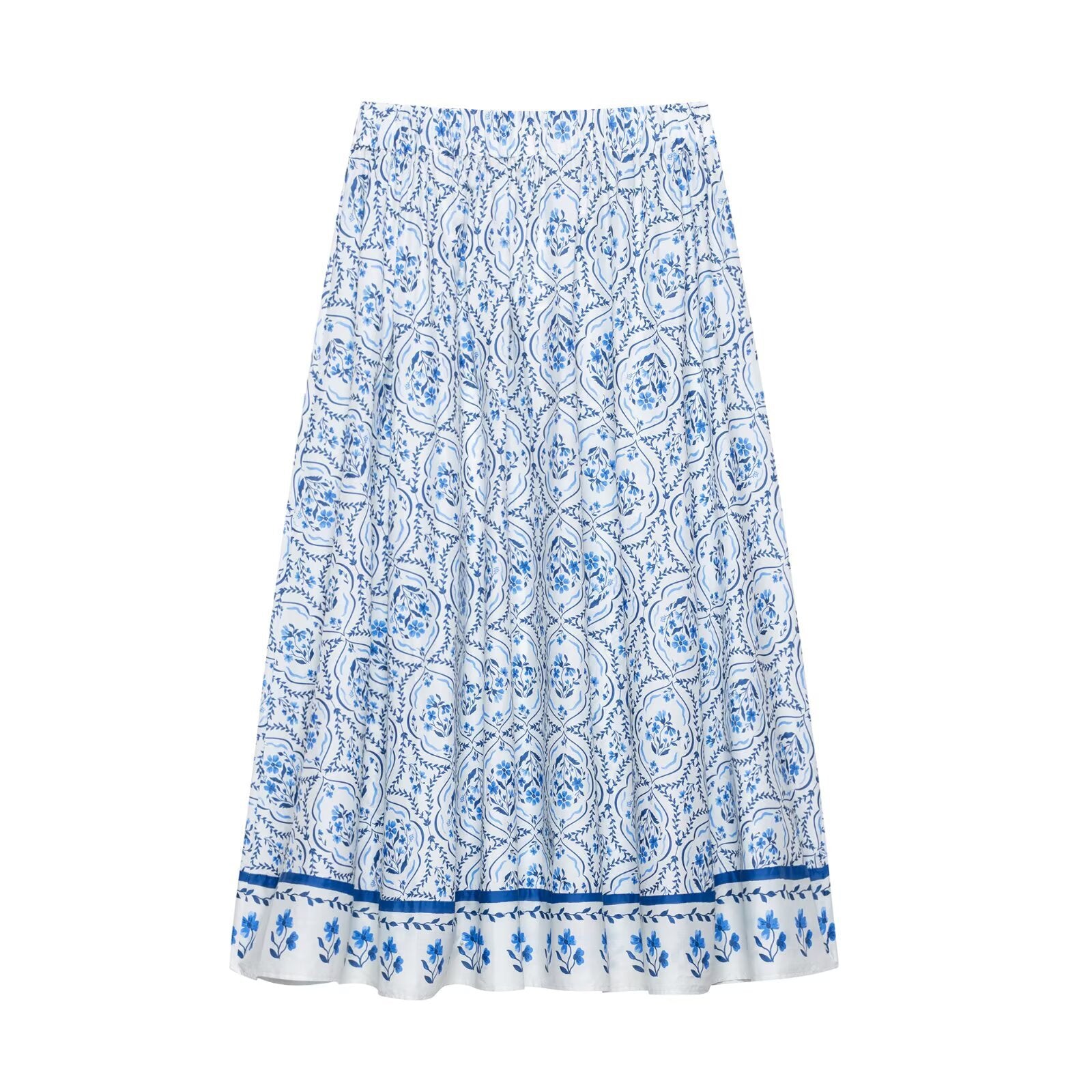 Elastic waisted printed mid length skirt for women
