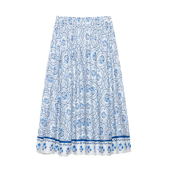 Elastic waisted printed mid length skirt for women