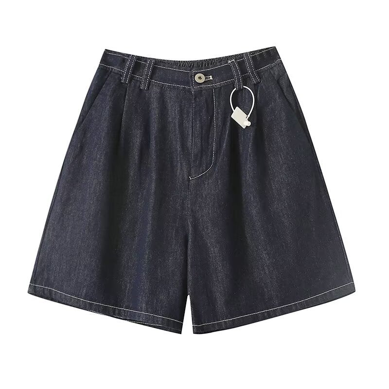 Elastic waist casual pleated denim straight shorts for women