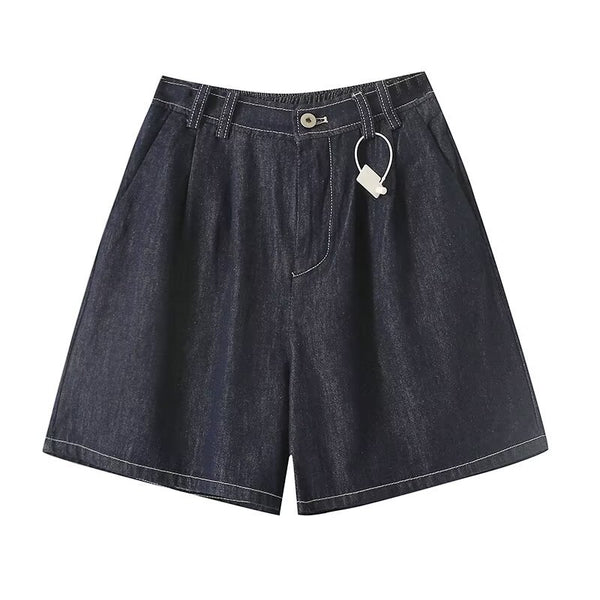 Elastic waist casual pleated denim straight shorts for women