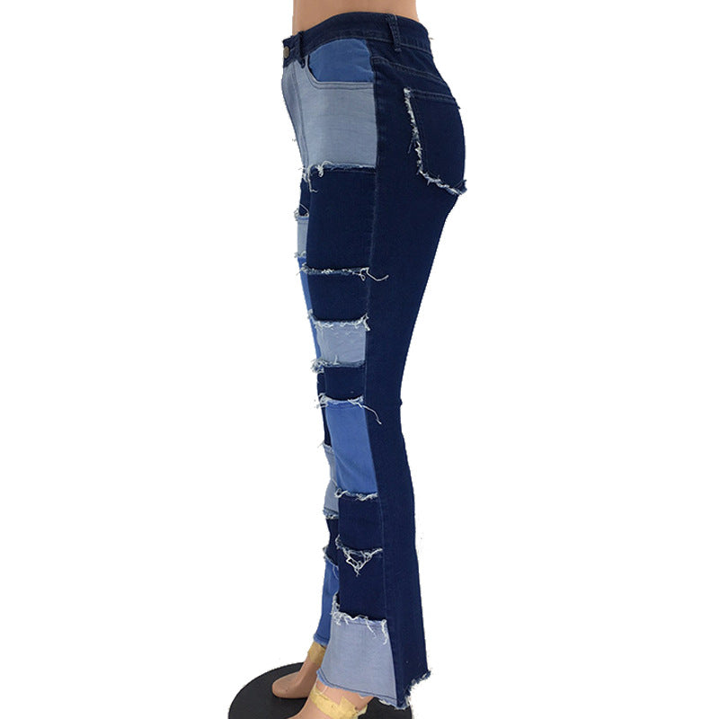 European and American autumn new fashion color blocking patchwork high waist tight hip horn women's denim pants