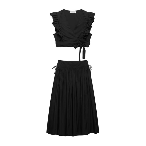 Women's pleated lace up short top+skirt set