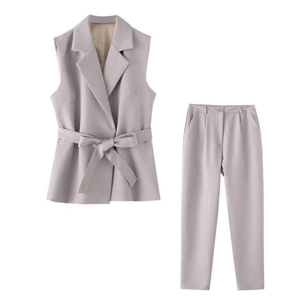 Women's waist belt suit vest+pants suit