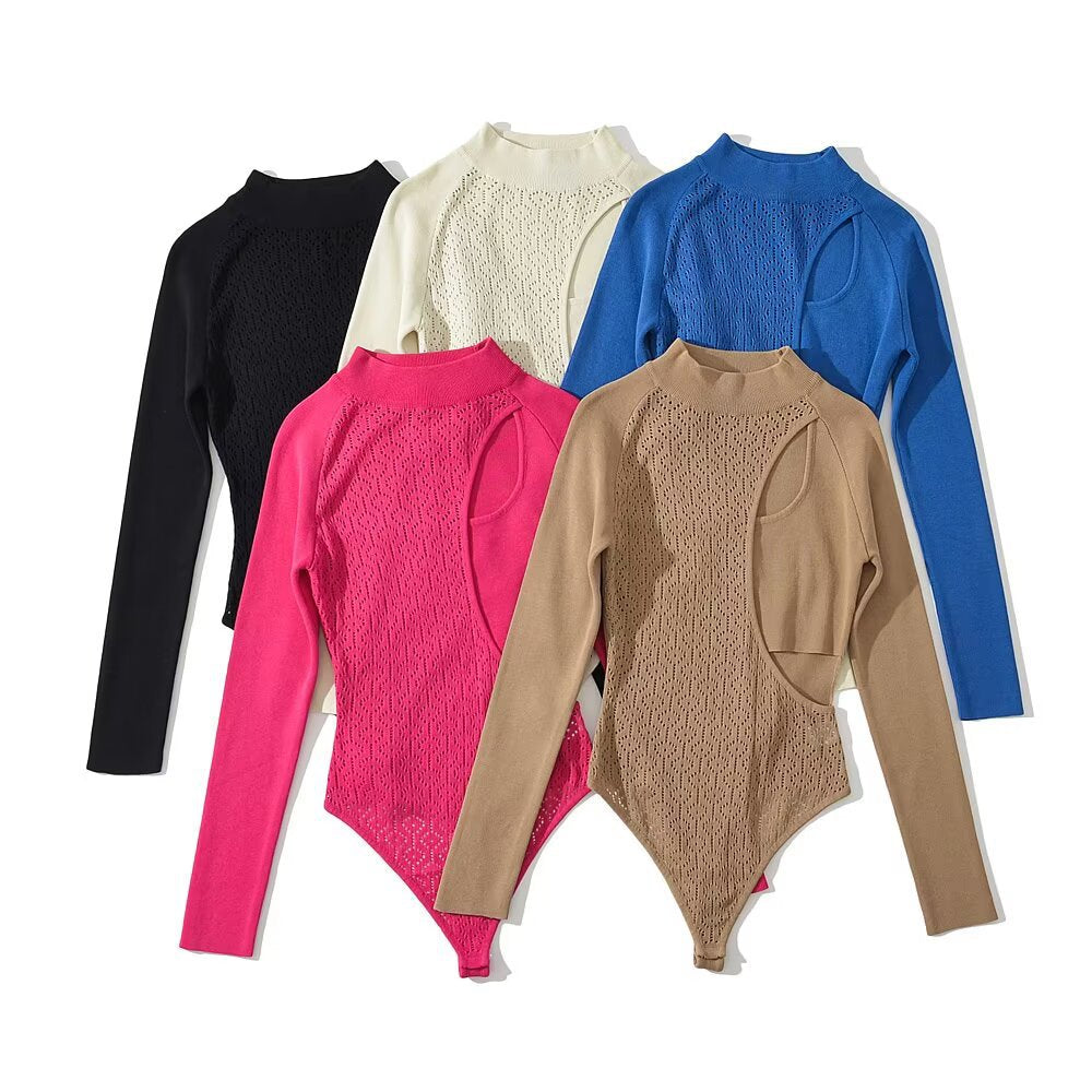 Round neck long sleeved two side hollow knitted jumpsuit/pants for women