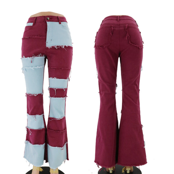 European and American autumn new fashion color blocking patchwork high waist tight hip horn women's denim pants