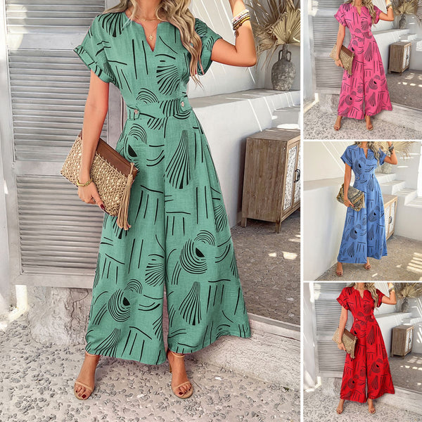 Printed casual vacation style waist cinching short sleeved wide leg jumpsuit long pants