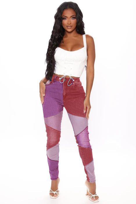 Autumn new blue and black two-color splicing trendy cotton washed denim high waisted plus size women's clothing