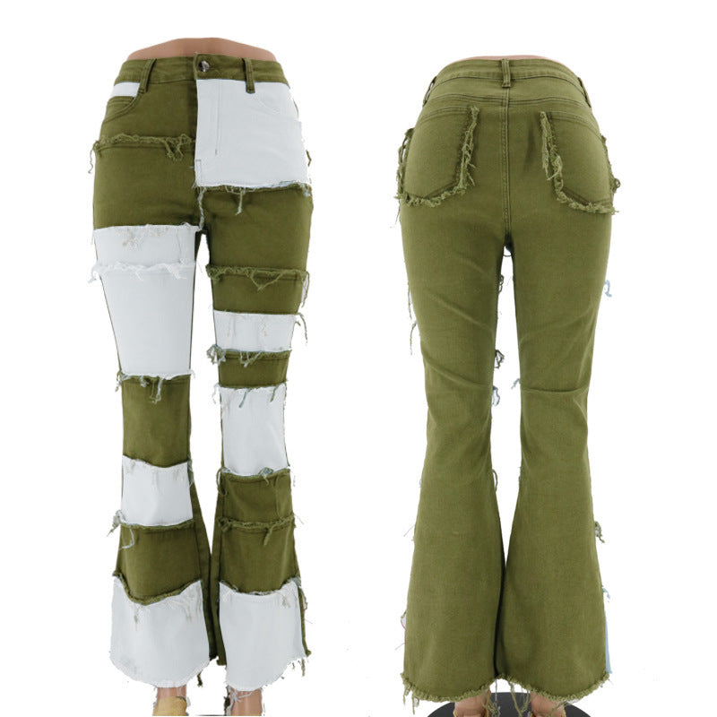 European and American autumn new fashion color blocking patchwork high waist tight hip horn women's denim pants