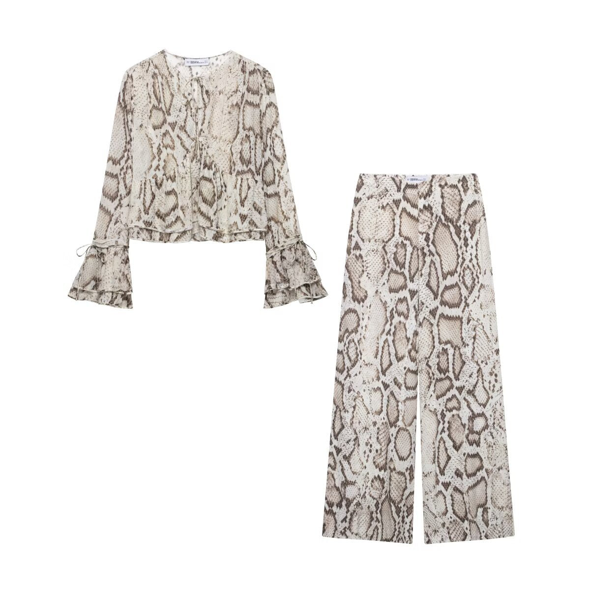 Women's European and American style flared sleeve printed shirt+casual pants set
