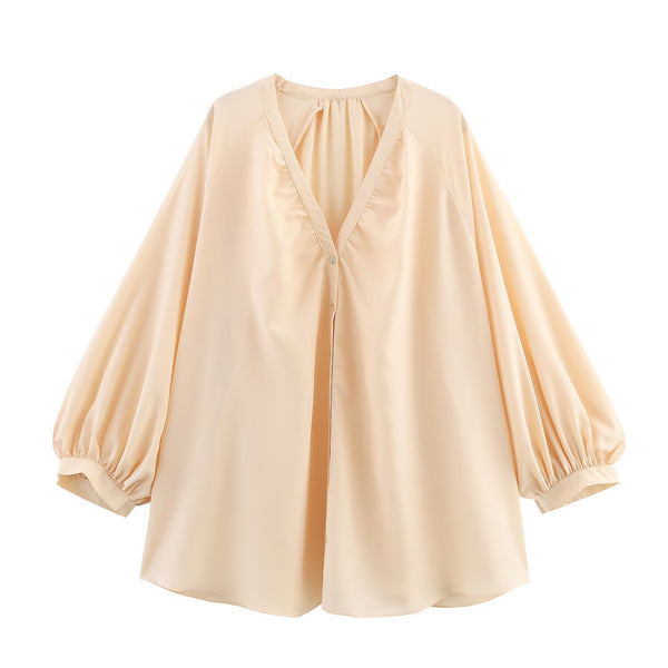 Women's loose casual V-neck lantern sleeve solid color shirt with European and American style