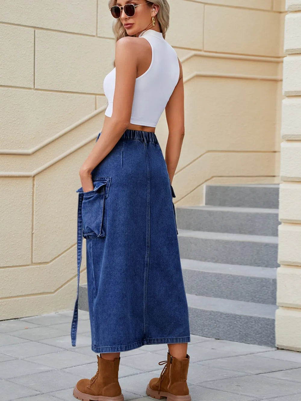 Water washed elastic waistband headband workwear half skirt trendy
