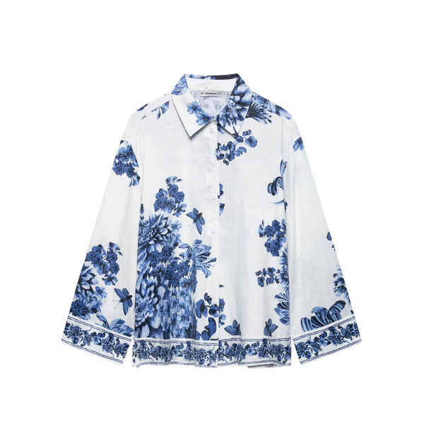 Women's collar long sleeved printed loose shirt top