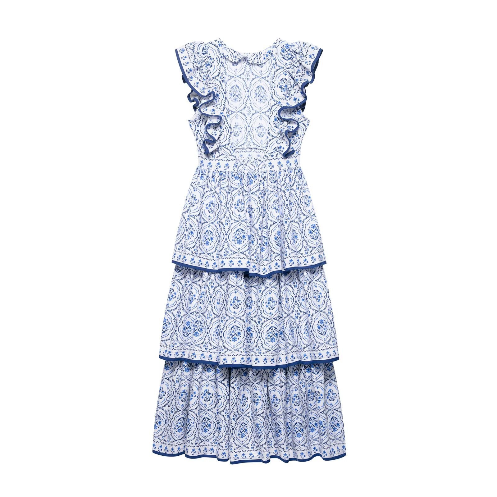 Round neck sleeveless ruffle print cake dress for women