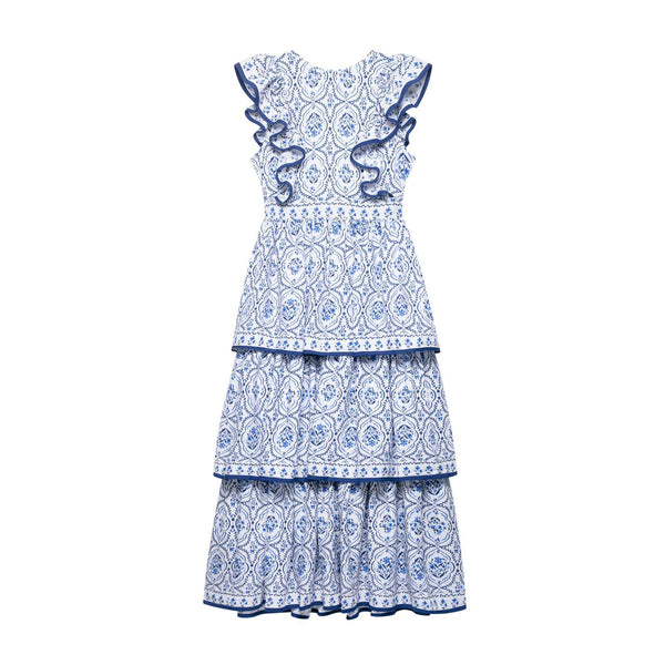 Round neck sleeveless ruffle print cake dress for women