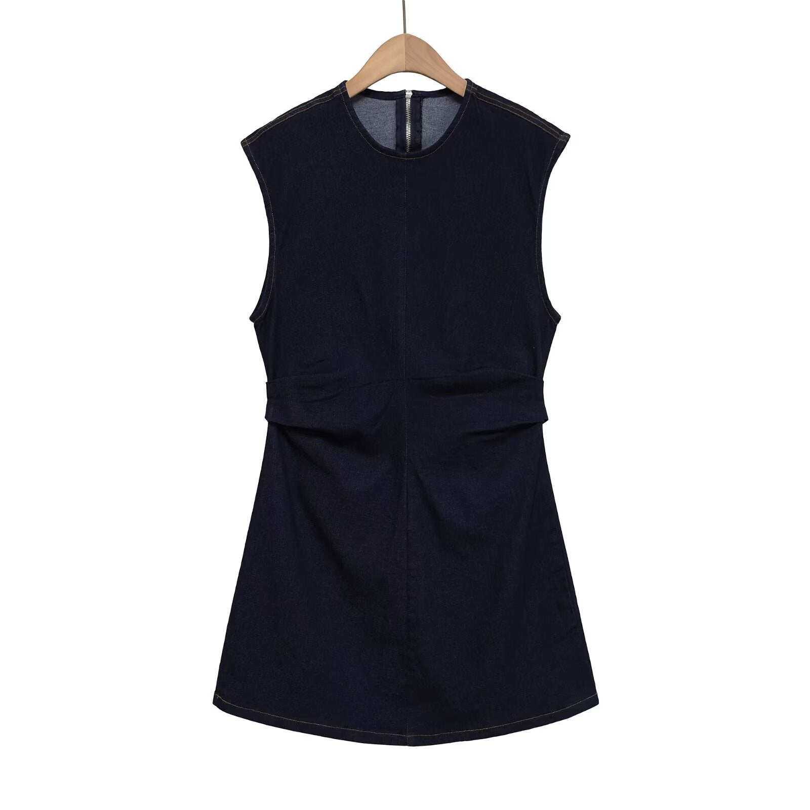 Round neck sleeveless waist cinched pleated short dress for women