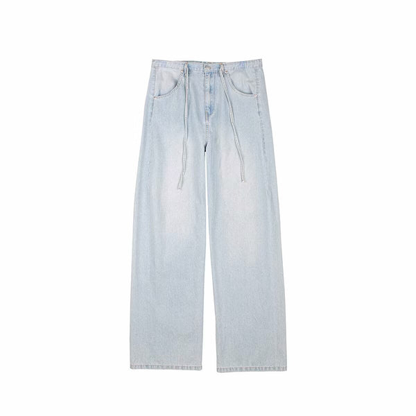 Women's lace up washed wide leg long jeans