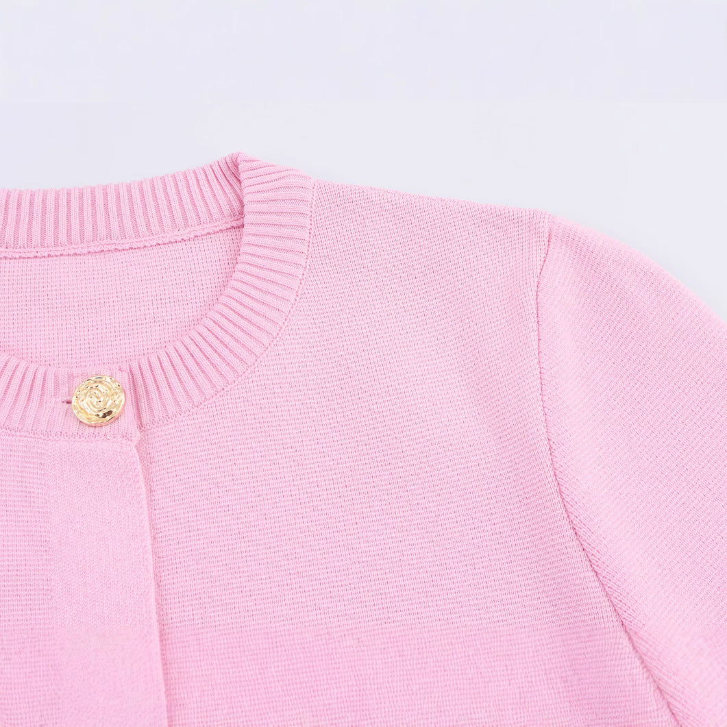 Round neck short sleeved button up knitted sweater top for women
