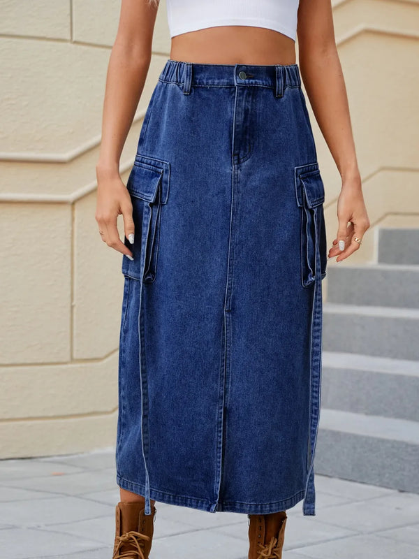 Water washed elastic waistband headband workwear half skirt trendy
