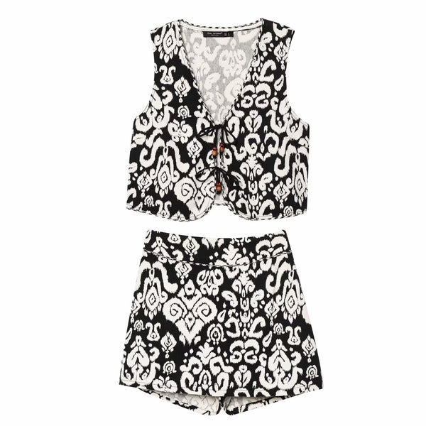 Printed V-neck vest+printed shorts set for women