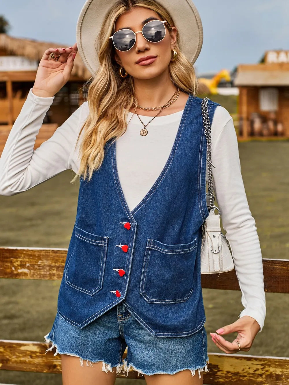 Fashion heart button trendy denim sleeveless vest for women