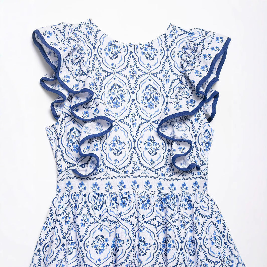Round neck sleeveless ruffle print cake dress for women