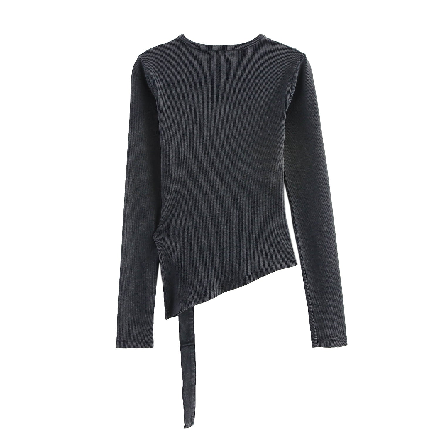 Round neck long sleeved shirt with waist belt and open T-shirt top for women